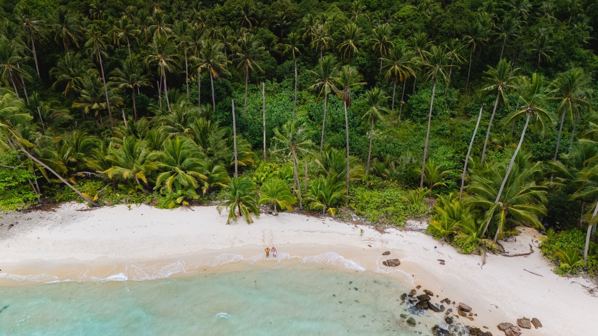 Pristine tropical beach with turquoise waters surrounded by lush greenery