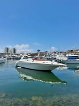 White speedboat in marina