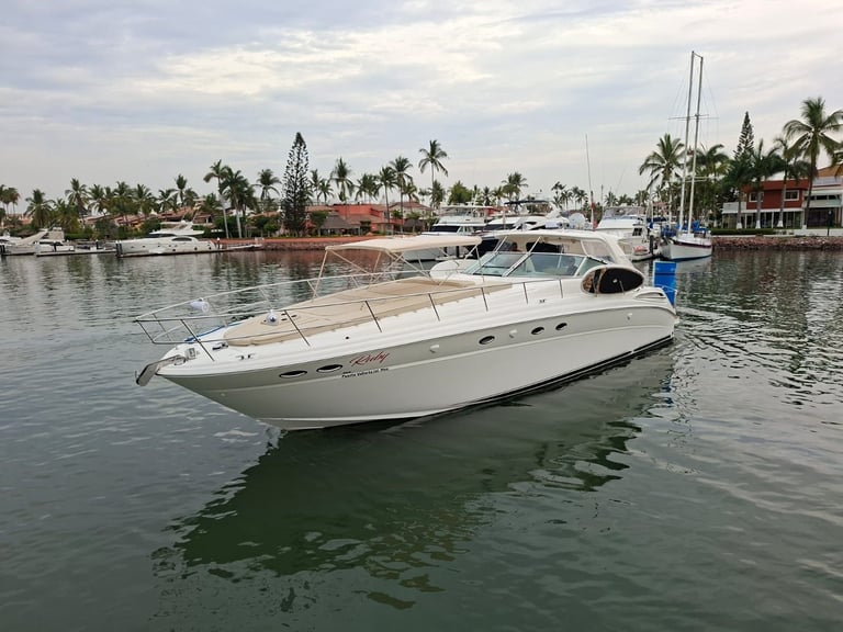 White motor yacht moored in calm tropical waters with palm trees and buildings visible along the shoreline